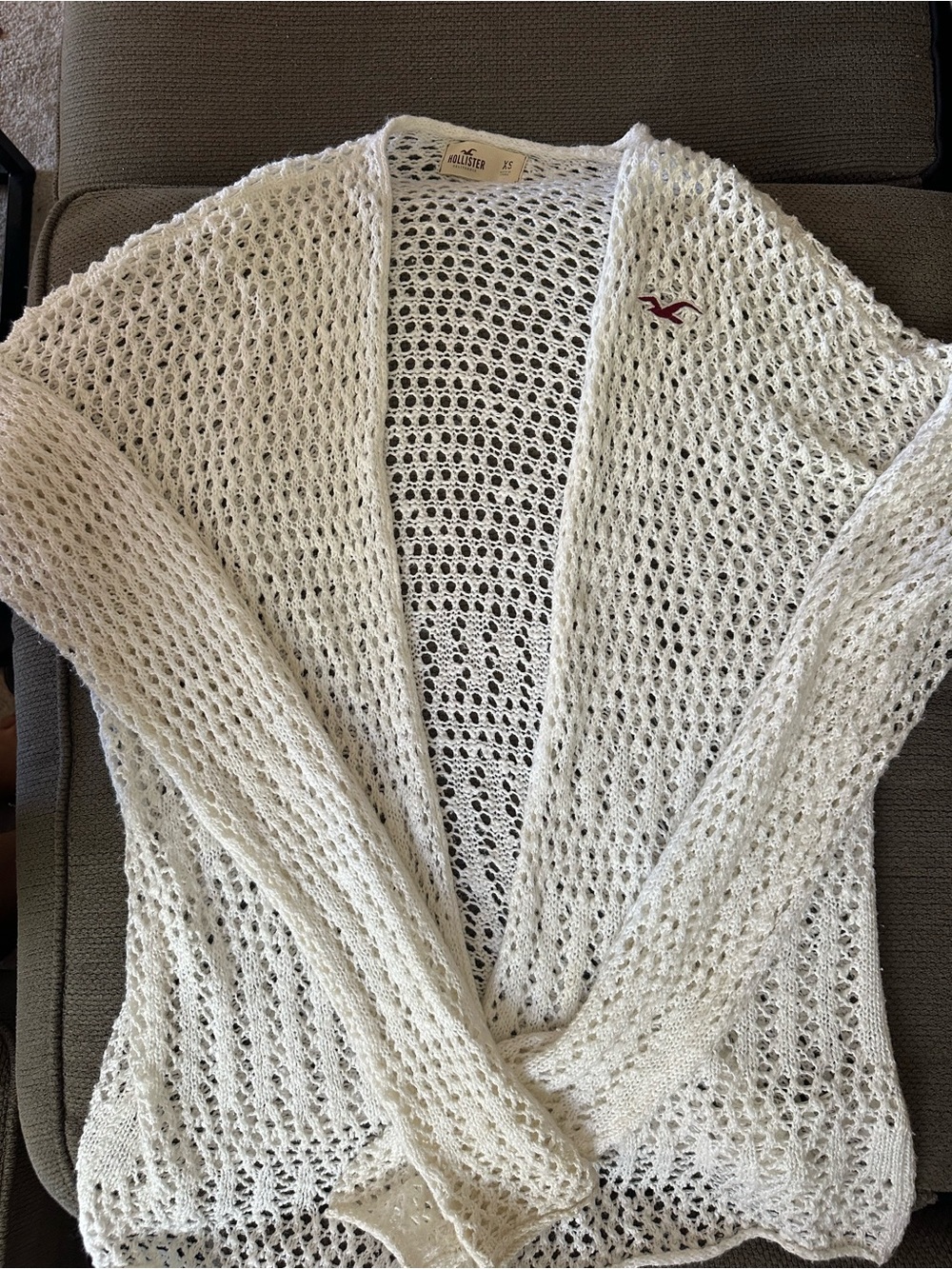 Hollister White Open-Knit Lightweight Cardigan with Maroon Logo